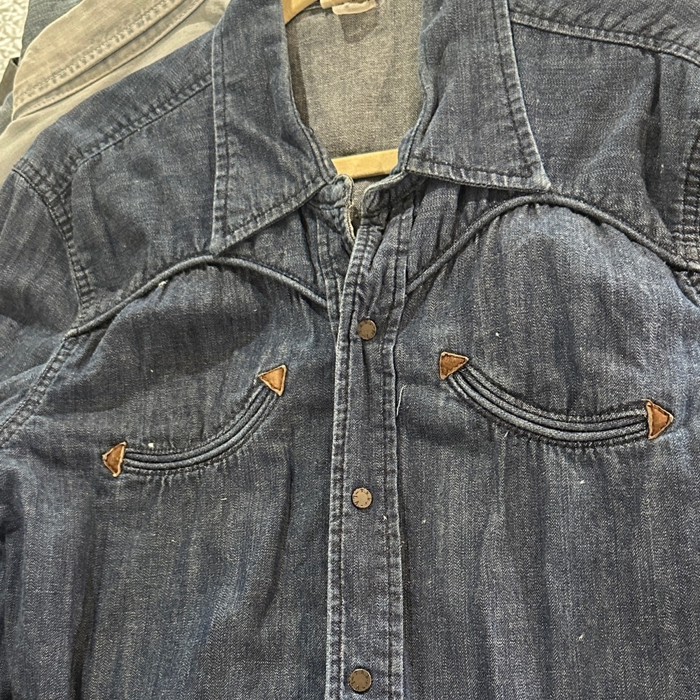 True Religion Men's Denim Western Shirt Jacket - Indigo Blue with Brown Accents